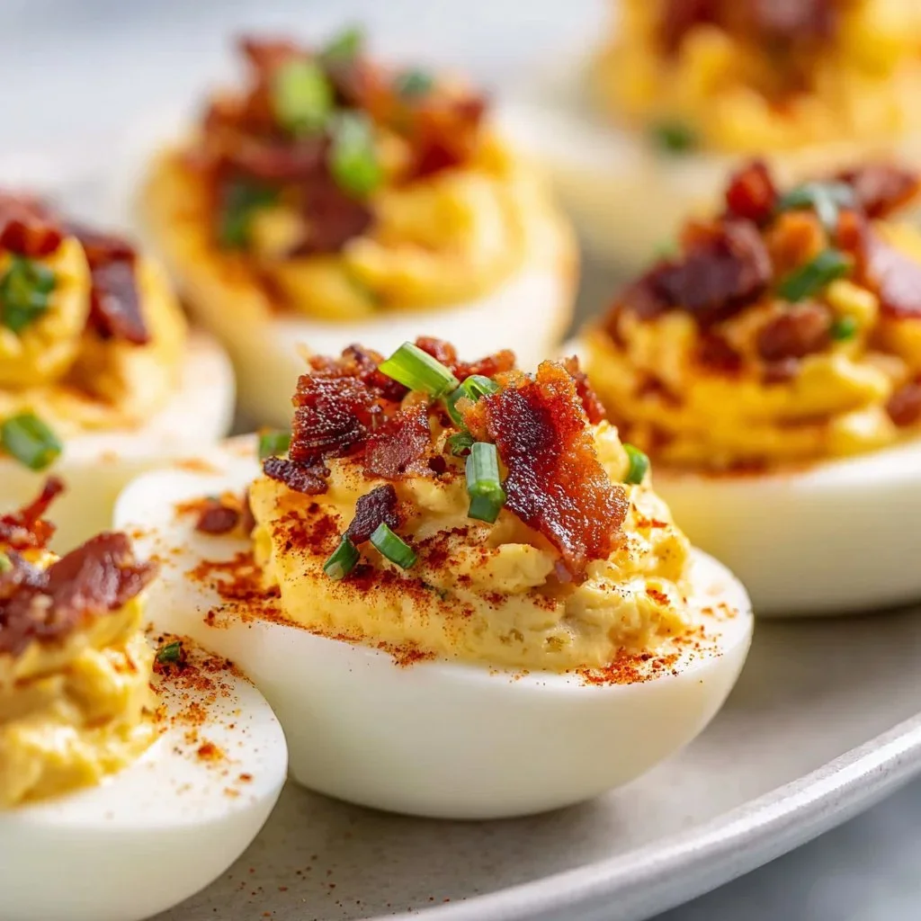 A platter of various deviled egg recipes beautifully arranged for a party.