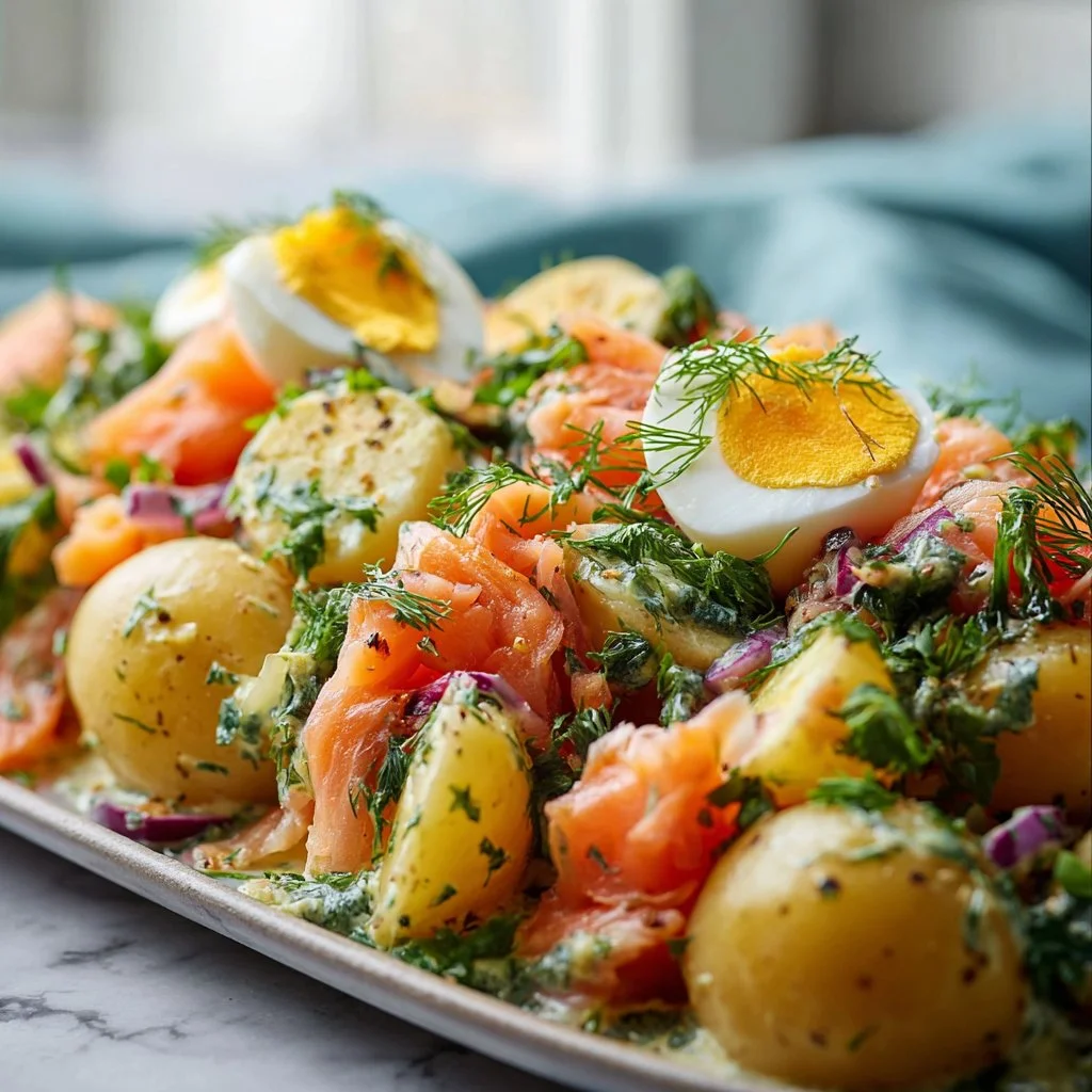 Delicious smoked salmon potato salad with vibrant ingredients and fresh flavors
