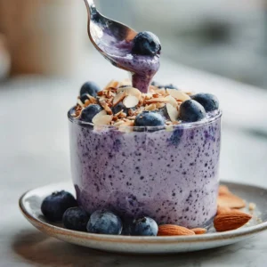 Delicious blueberry almond smoothie in a glass, topped with fresh blueberries.