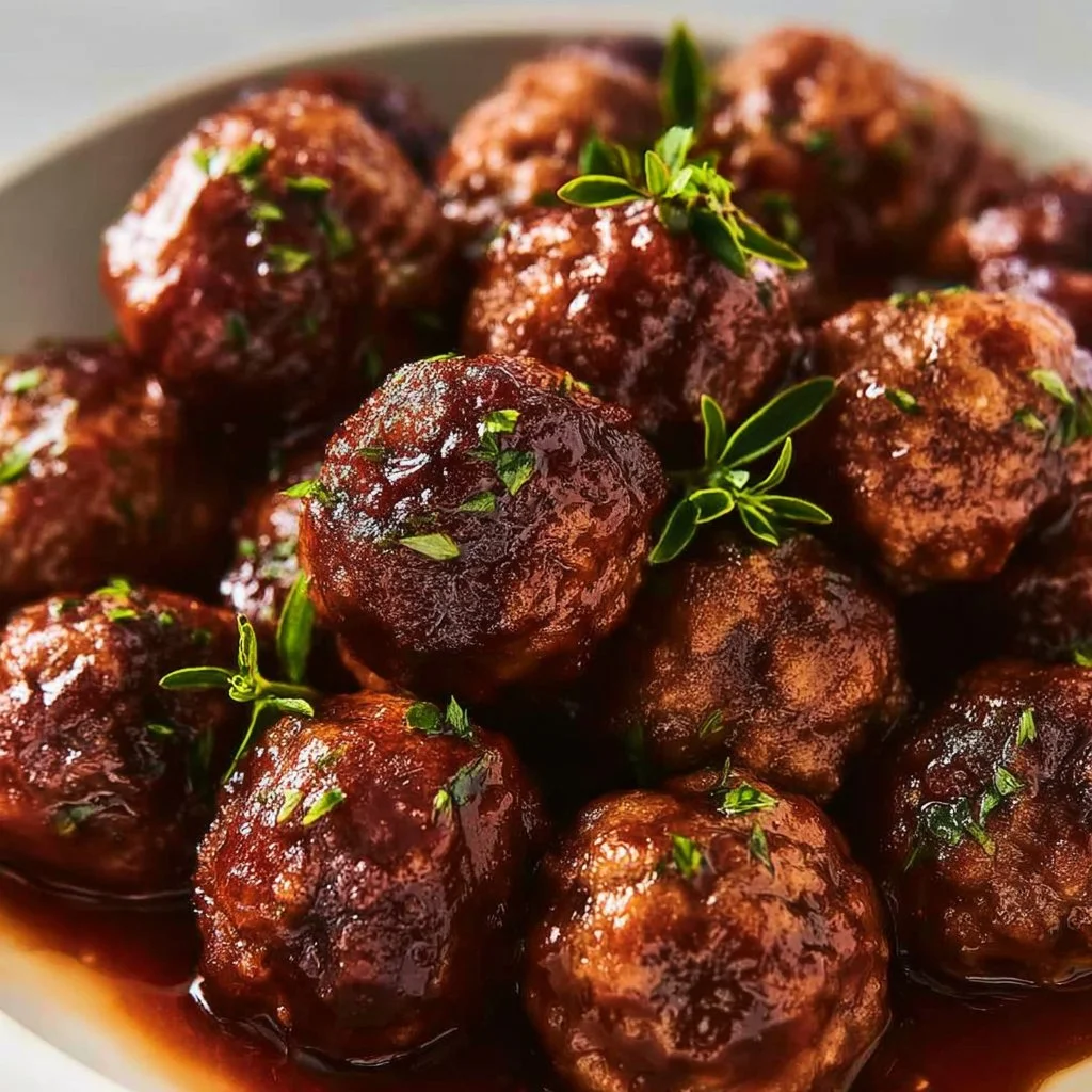 Bourbon Meatballs appetizer on a platter garnished with herbs and spices