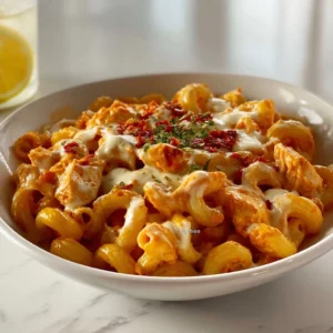 A delicious plate of cheesy chicken pasta topped with fresh herbs.