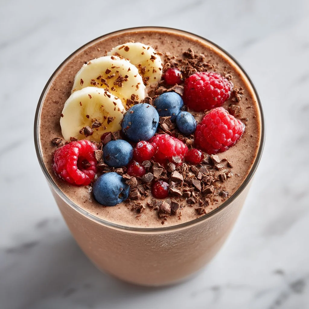 Delicious chocolate protein smoothie in a glass topped with cacao nibs.