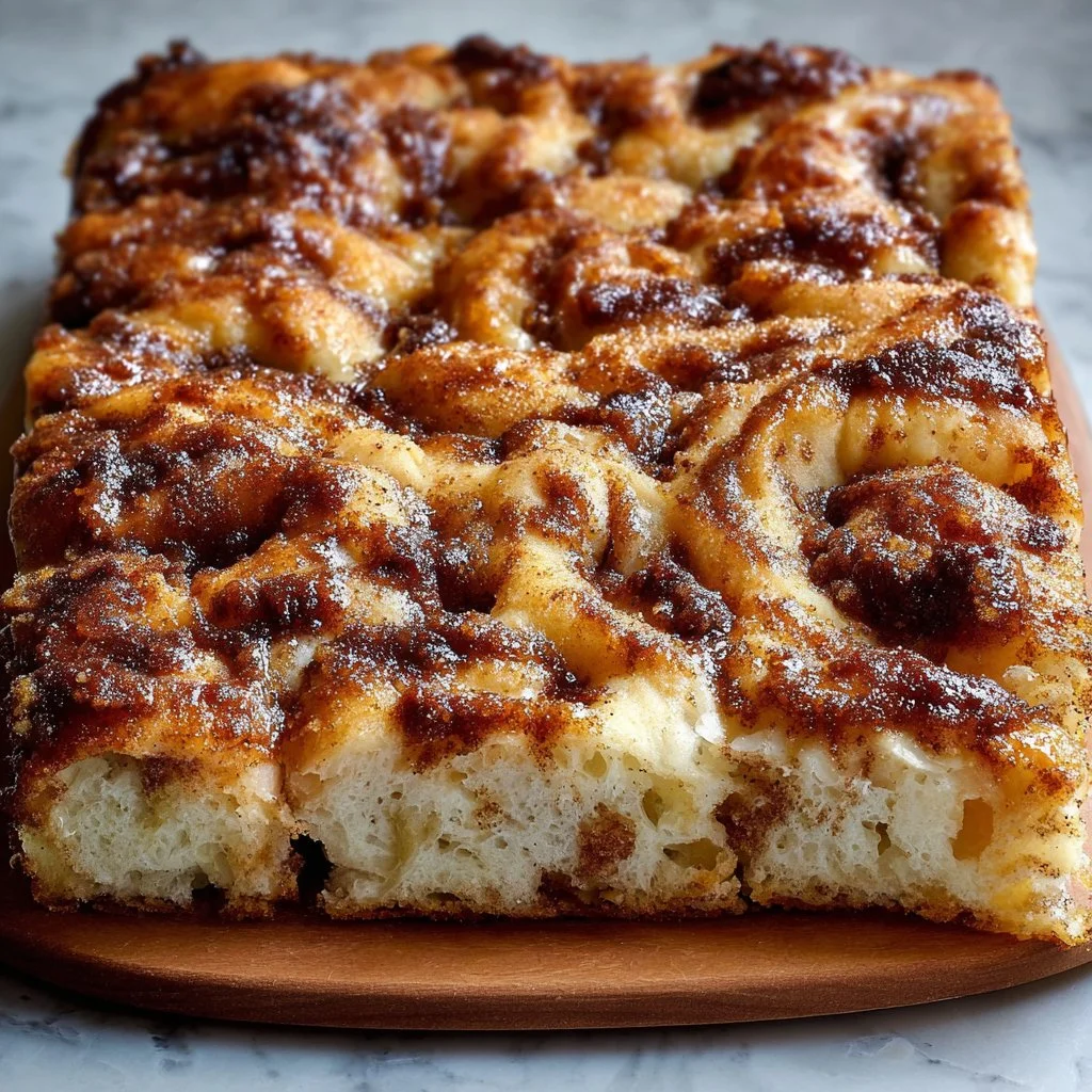 Freshly baked cinnamon-sugar focaccia topped with a sweet cinnamon mixture.