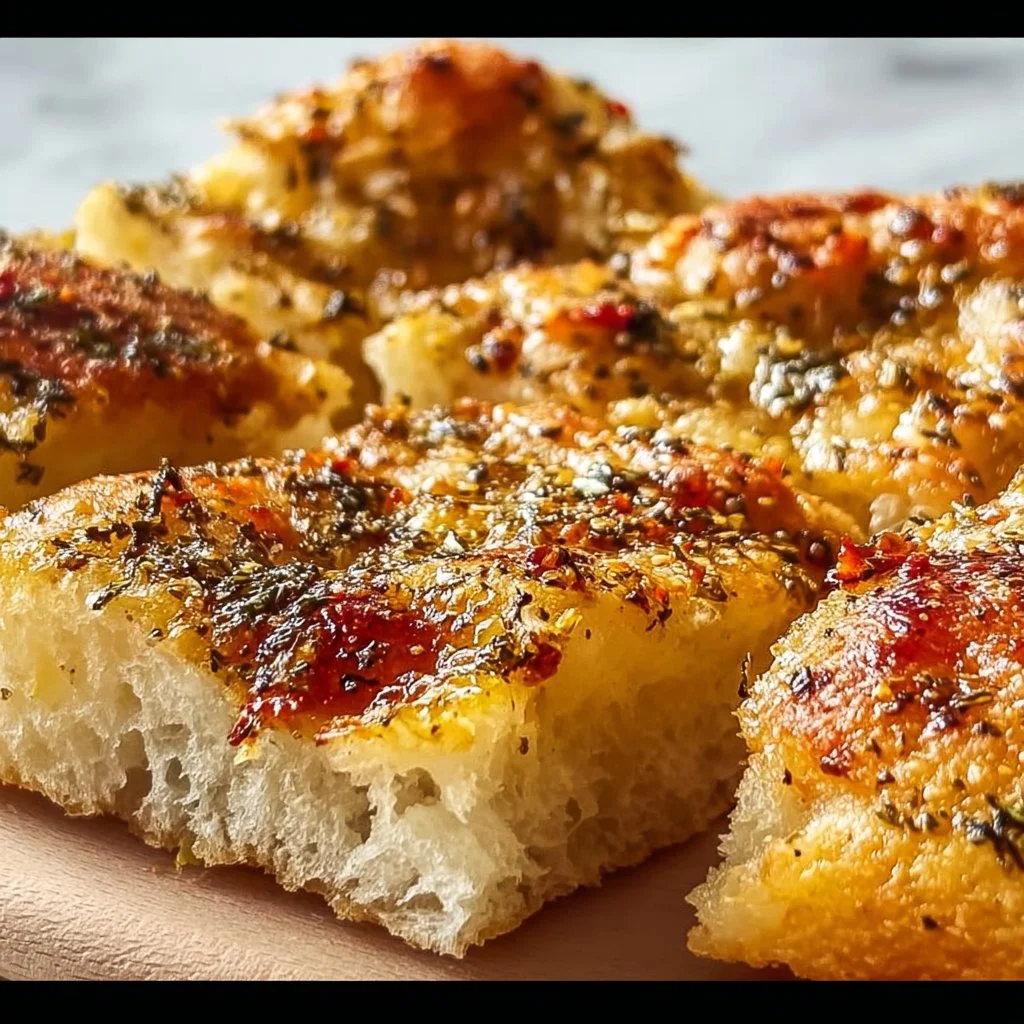 Crispy cheesy focaccia bread fresh out of the oven with golden crust