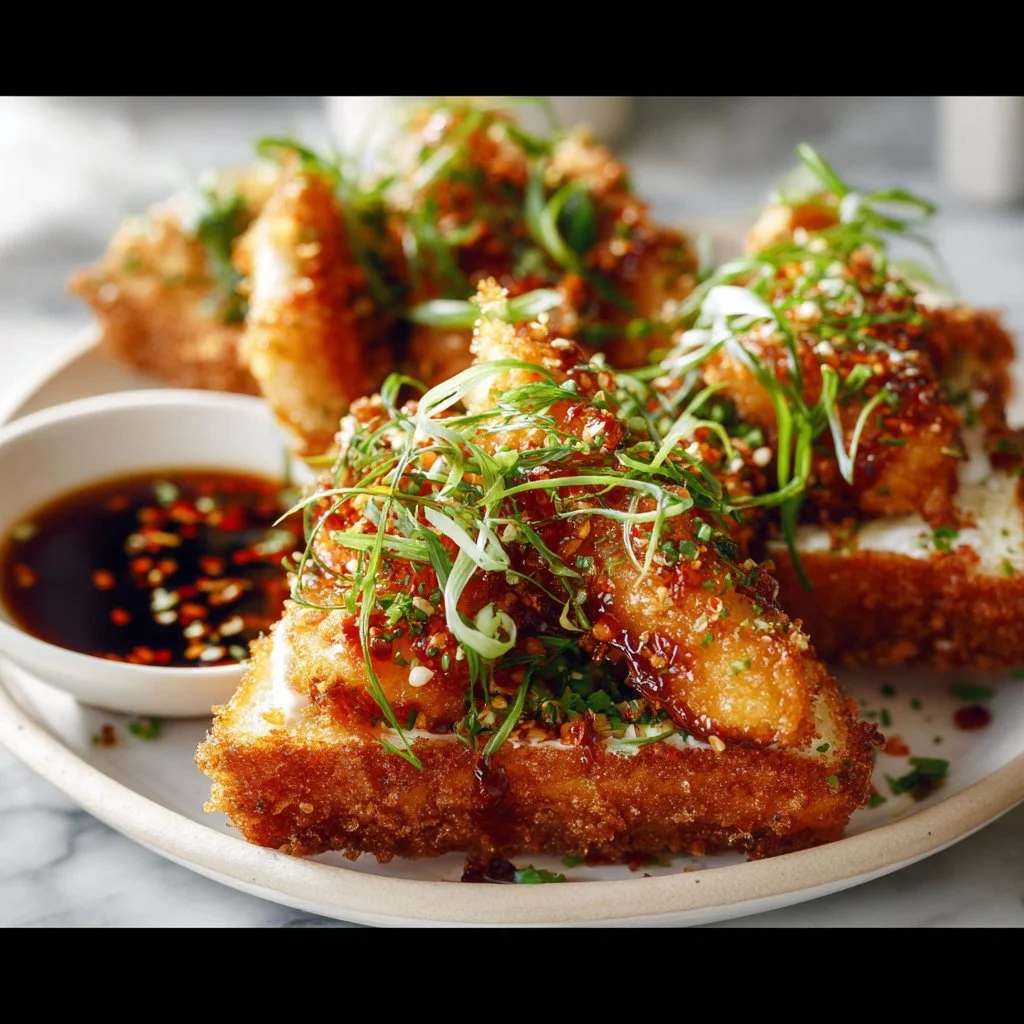 Crispy shrimp toast served on a plate with garnishes