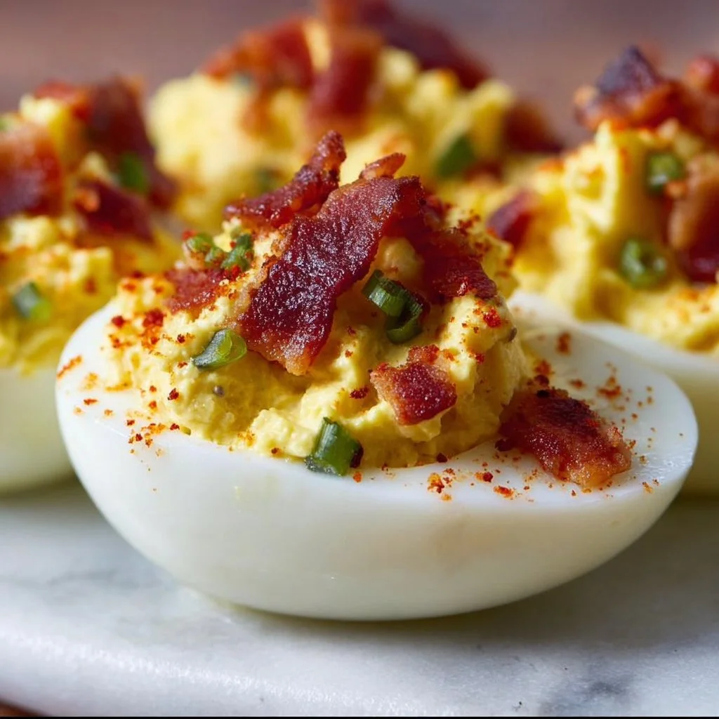 Delicious deviled eggs with crispy bacon topping
