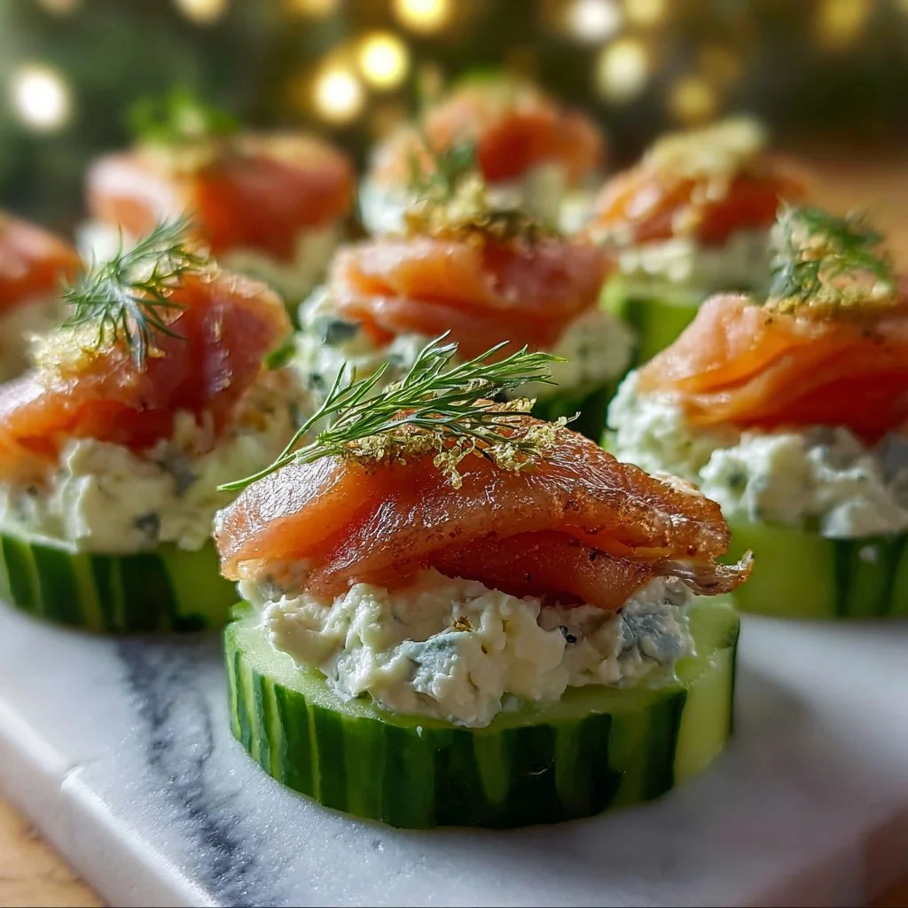 Smoked salmon cucumber bites with dill cream cheese on a platter