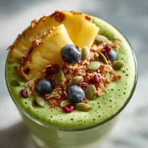 A refreshing green detox pineapple smoothie garnished with fresh ingredients.