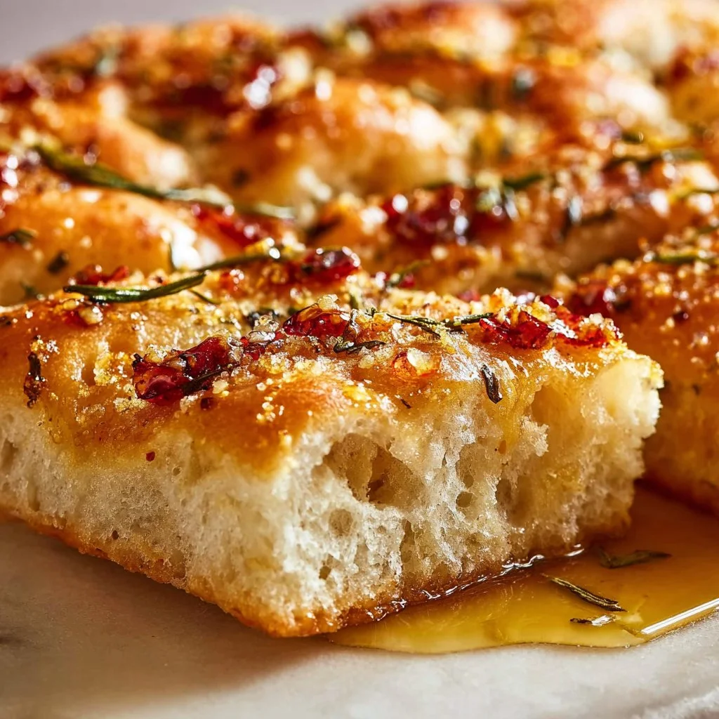 Hot honey focaccia topped with garlic parmesan, fresh from the oven.