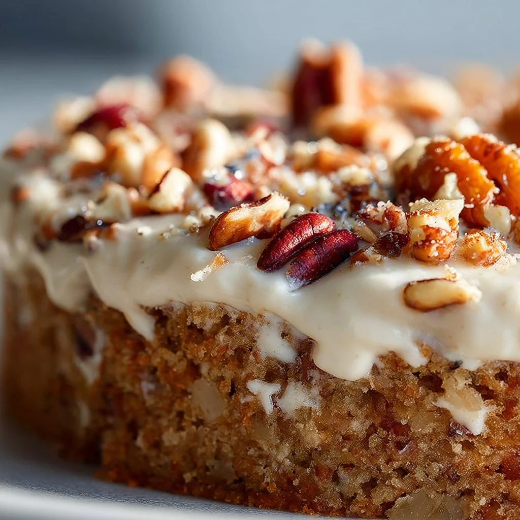 Delicious Hummingbird Sheet Cake topped with cream cheese frosting and fruit