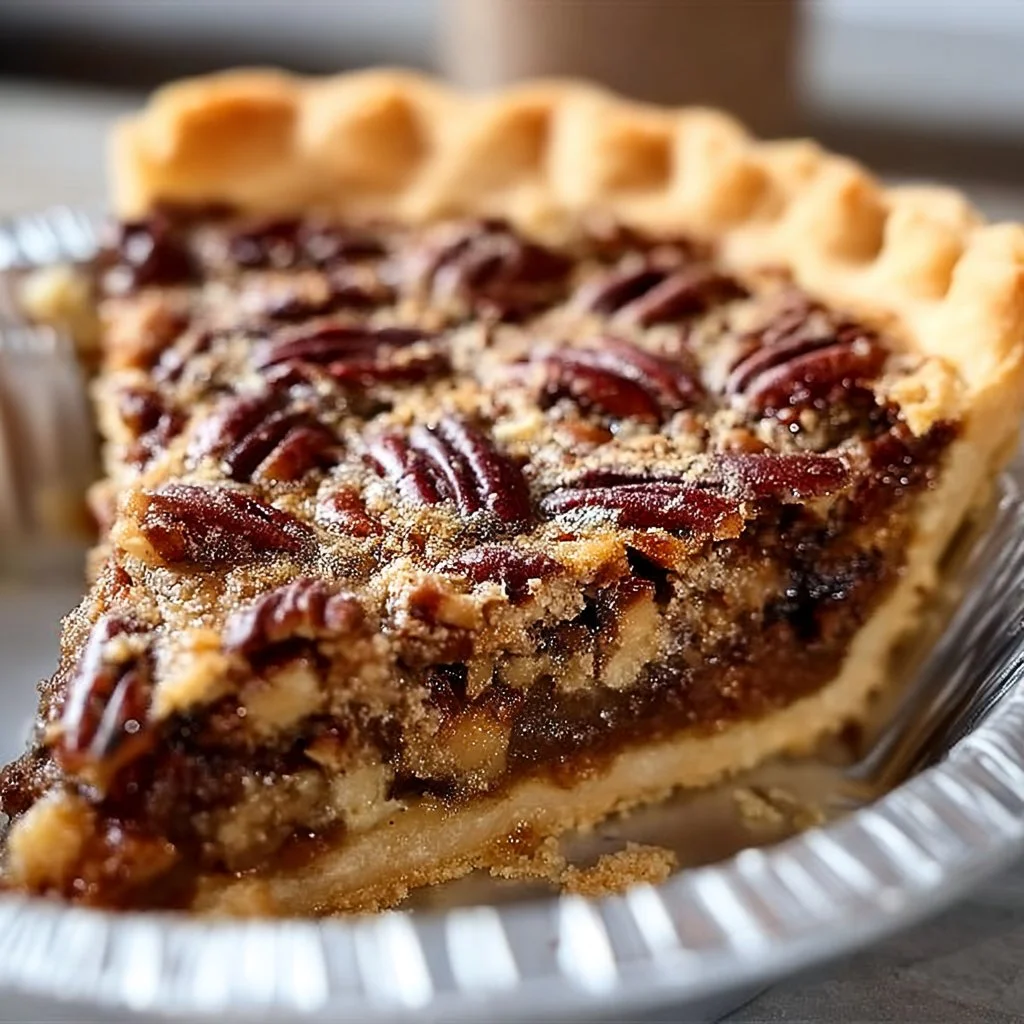 Slice of Kentucky pecan pie with rich filling and toasted pecans on top