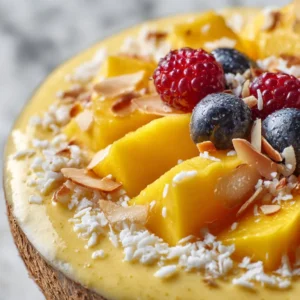 Delicious Mango Coconut Smoothie in a glass with fresh mango and coconut garnish.