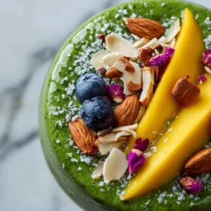Healthy mango spinach smoothie in a glass with fresh ingredients.