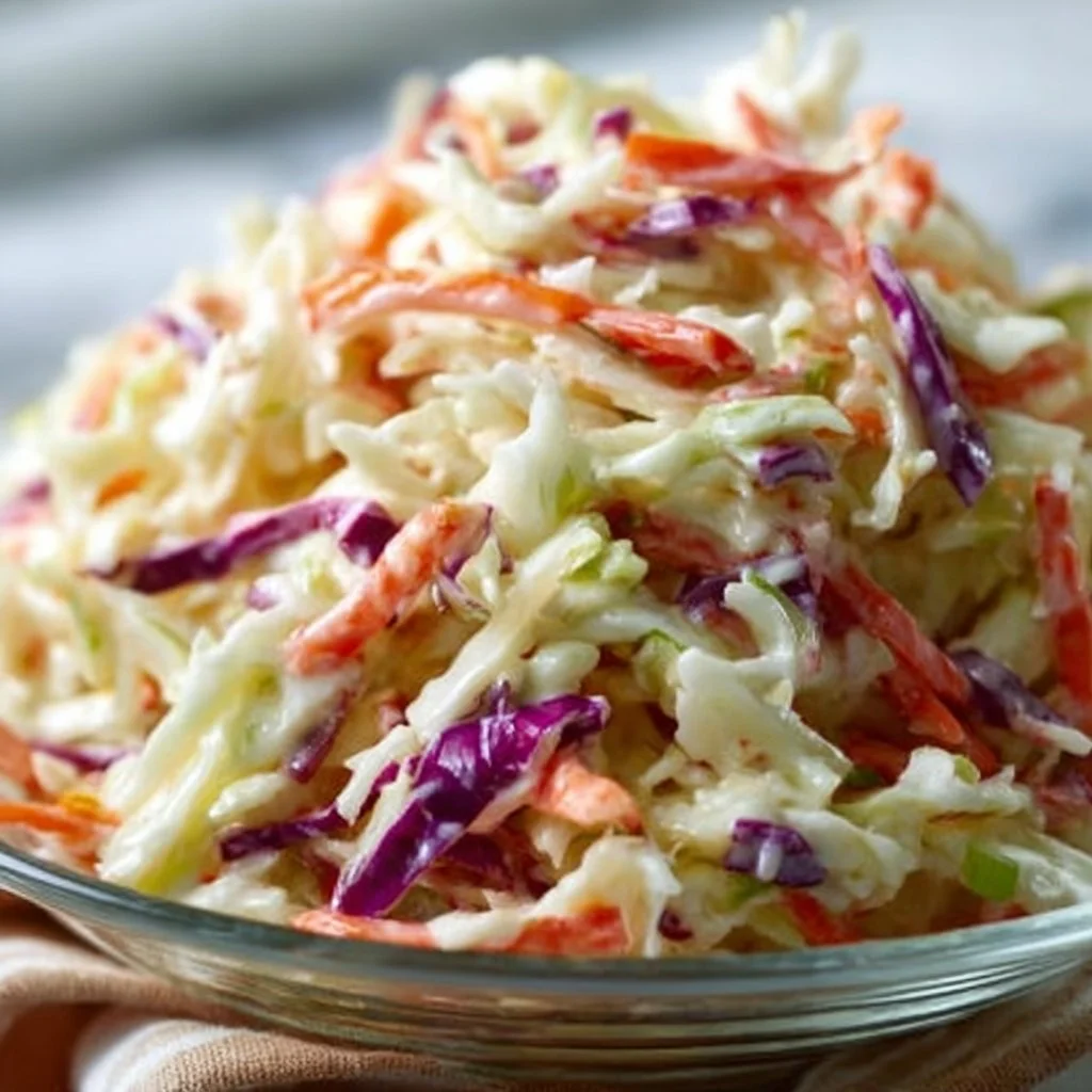 Bowl of old-fashioned creamy coleslaw with shredded cabbage and dressing