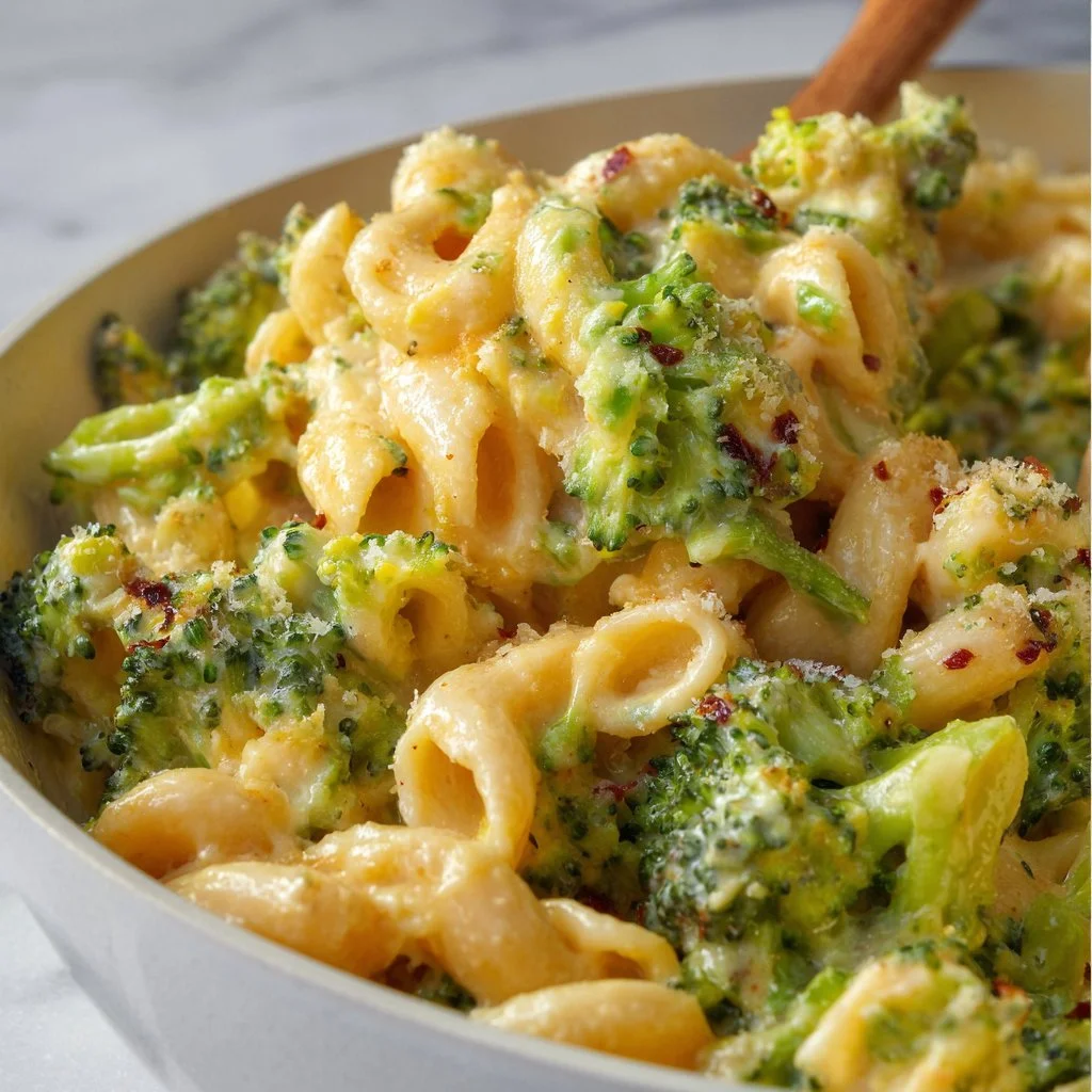 One pot healthy broccoli mac and cheese dish served in a bowl