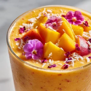 Delicious Peach Mango Smoothie in a glass with fruit garnishes