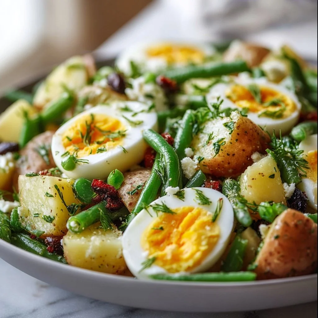 Delicious Potato and Green Bean Salad topped with Hard-Boiled Eggs
