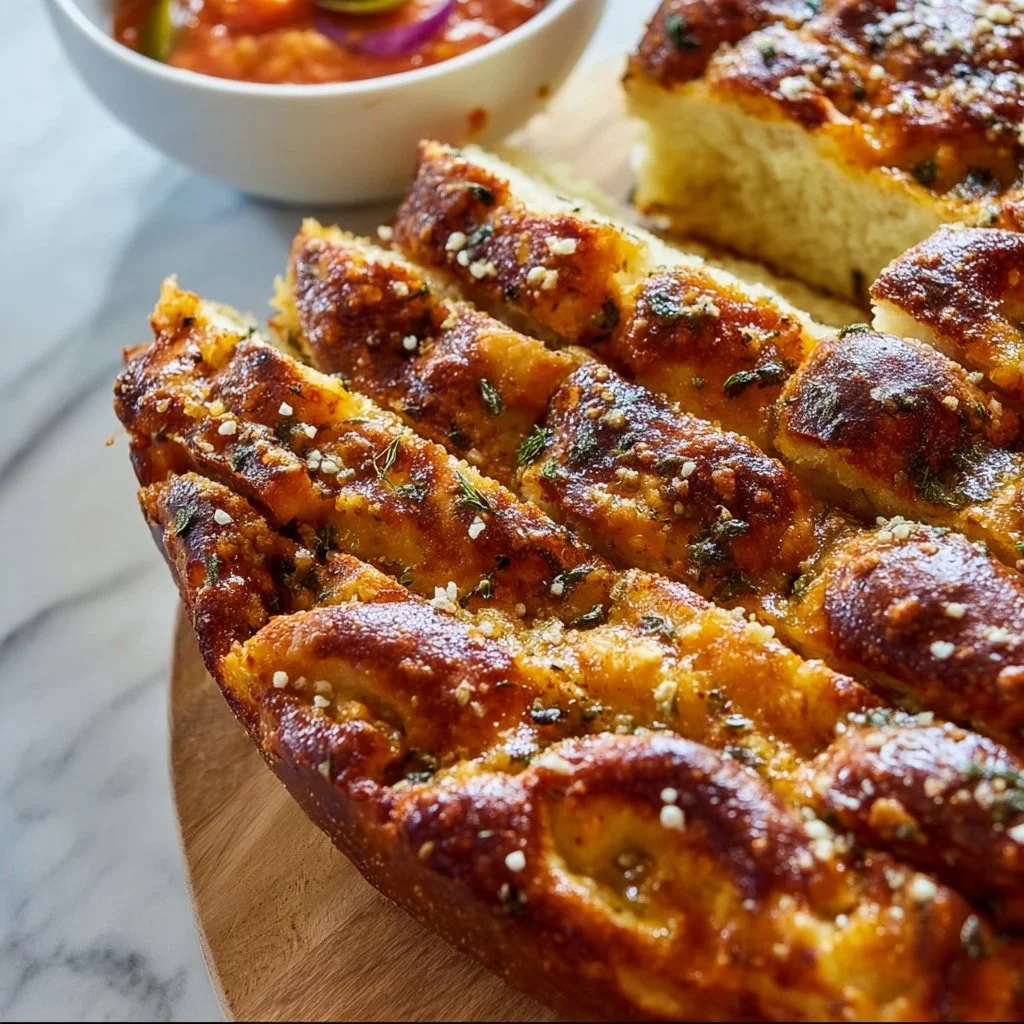 Freshly baked pretzel focaccia bread topped with sea salt and herbs.