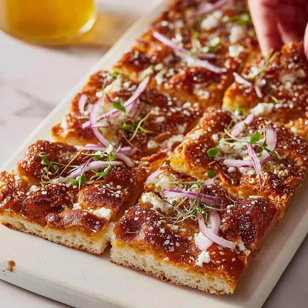 Golden-brown pretzel focaccia flatbread topped with coarse salt and herbs