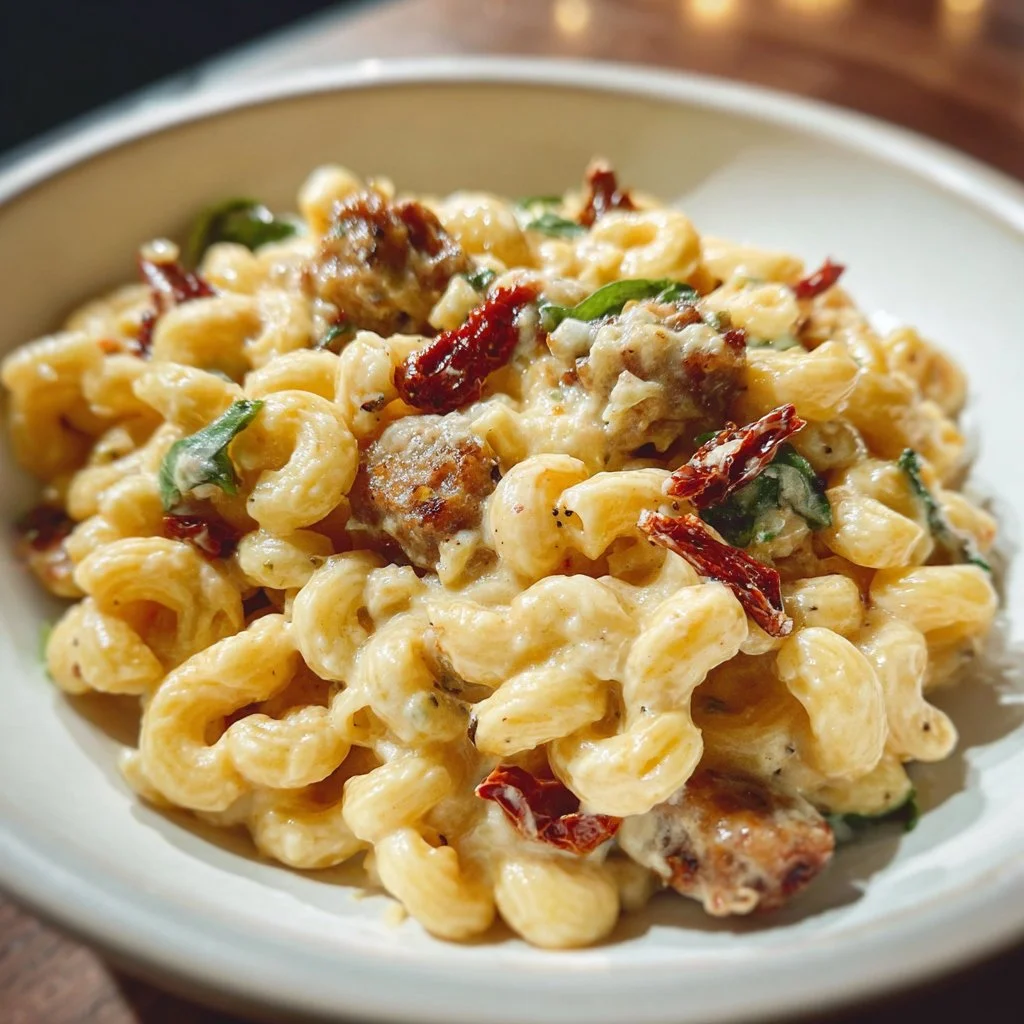Delicious Sausage Cavatappi in Sun-dried Tomato Alfredo sauce
