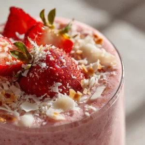 Delicious strawberry coconut smoothie topped with fresh strawberries and coconut flakes