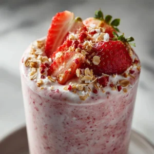 A delicious strawberry oat smoothie in a glass with fresh strawberries and oats