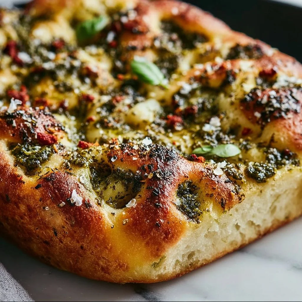 Delicious traditional pesto focaccia topped with fresh basil and olive oil.