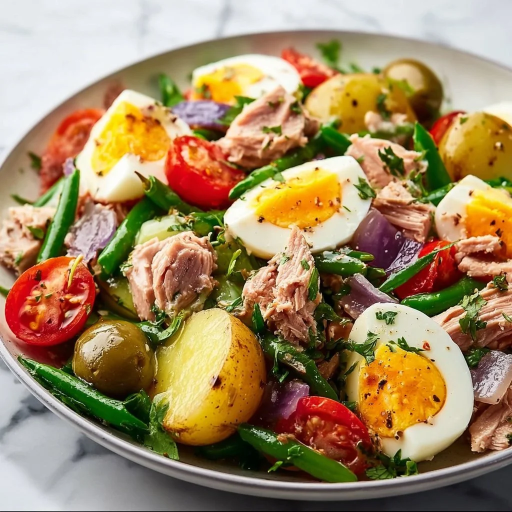 Delicious Tuna Nicoise Salad with fresh vegetables and dressing