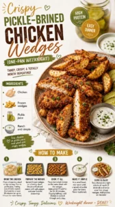 Crispy pickle-brined chicken wedges served on a plate, garnished with herbs.