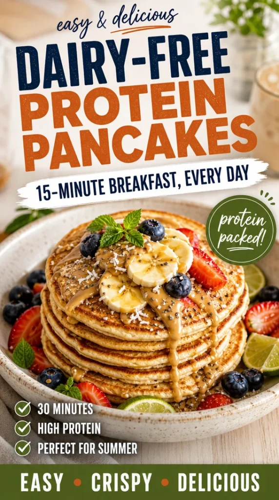 Delicious Dairy-Free Protein Pancakes topped with fresh berries and syrup
