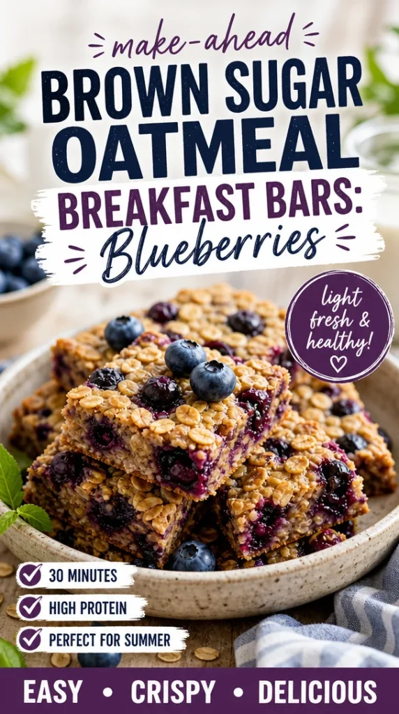 Make-ahead brown sugar oatmeal breakfast bars with blueberries on a plate.