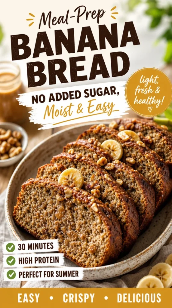Sliced meal-prep banana bread with no added sugar on a wooden cutting board