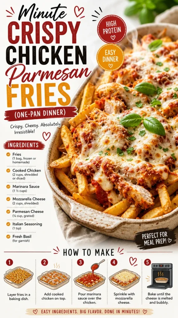 Crispy Chicken Parmesan Fries served on a plate, topped with cheese and herbs.