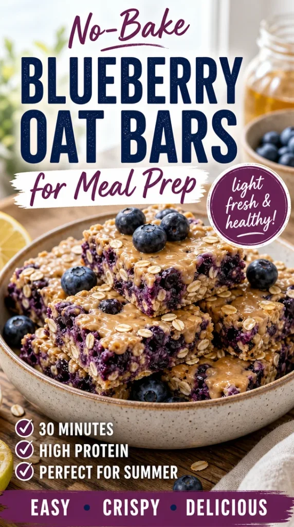 No-bake blueberry oat bars stacked on a wooden table