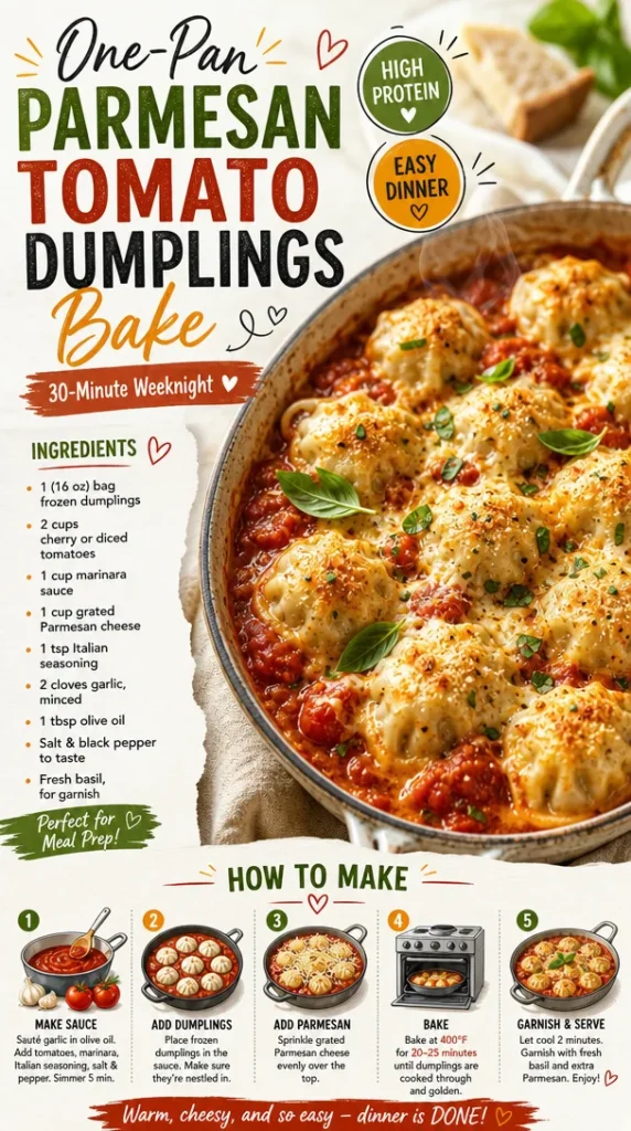 One-Pan Parmesan Tomato Dumplings Bake ready to serve on a table