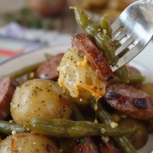 One-Pan Sausage Green Bean Potato Casserole ready for dinner