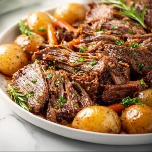 Slow-cooked pot roast ready to serve with vegetables in a bowl