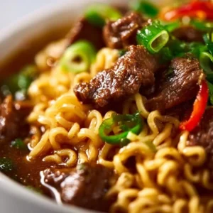 Delicious slow cooker beef ramen served in a bowl with toppings
