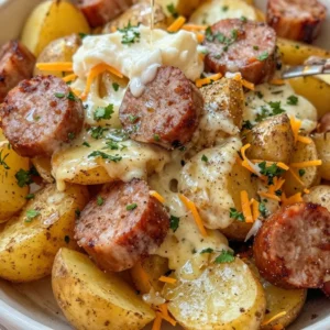 One-Pan Cheesy Ranch Potatoes with Smoked Sausage dish presented on a table.