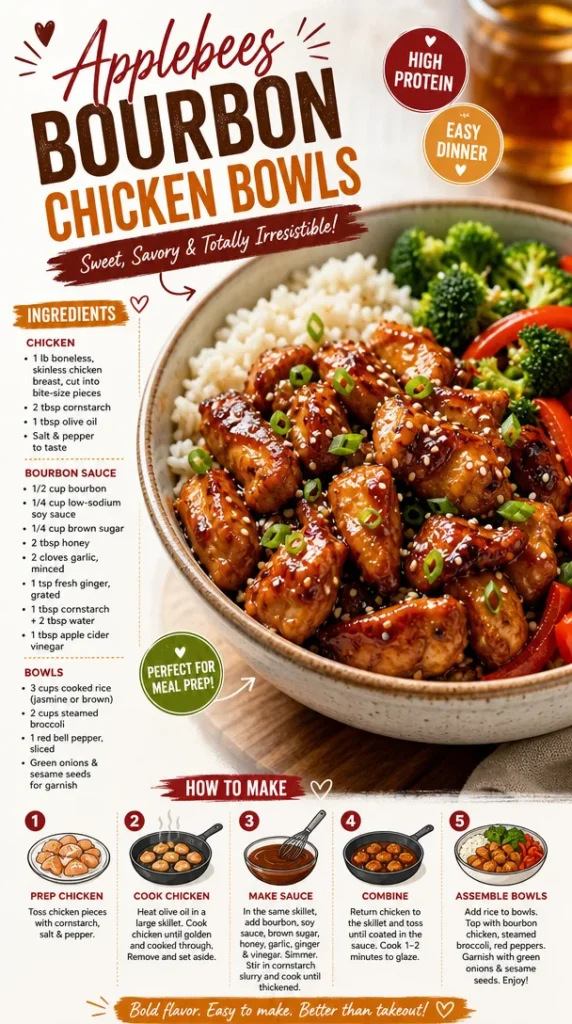 Applebee's Bourbon Chicken Bowl garnished with fresh vegetables and rice
