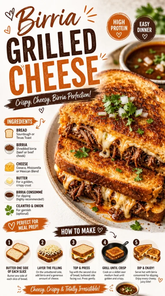 Delicious Birria Grilled Cheese sandwich with melted cheese and savory birria meat.