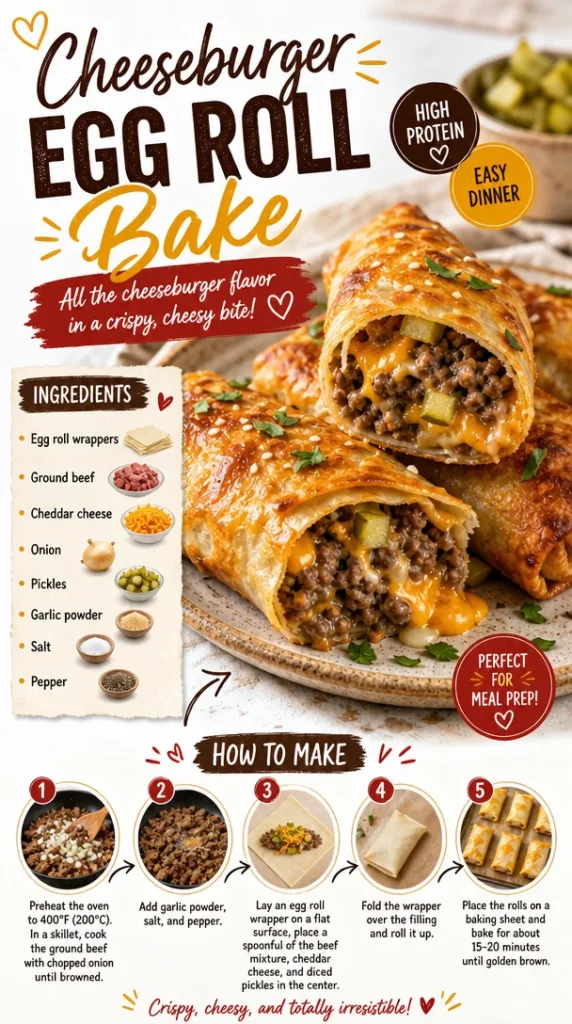 Cheeseburger egg roll bake topped with sesame seeds and served with dipping sauce.