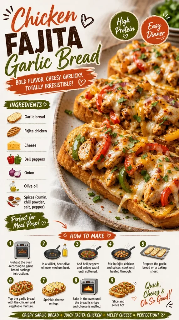 Delicious Chicken Fajita Garlic Bread topped with colorful veggies and spices