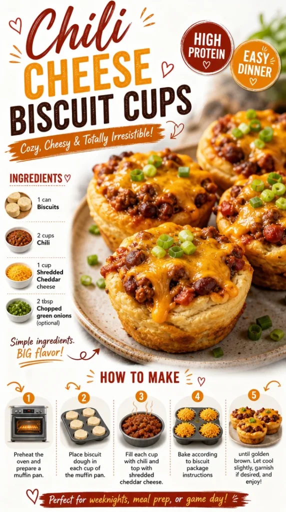 Chili Cheese Biscuit Cups topped with melted cheese and chili