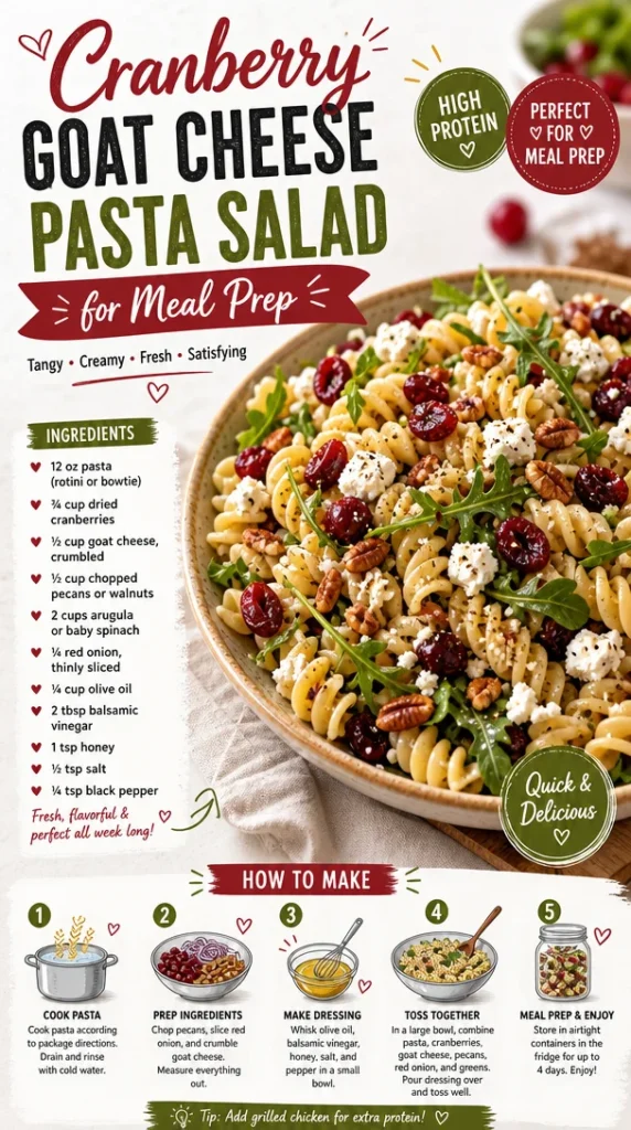 Bowl of Cranberry Goat Cheese Pasta Salad with colorful veggies and herbs
