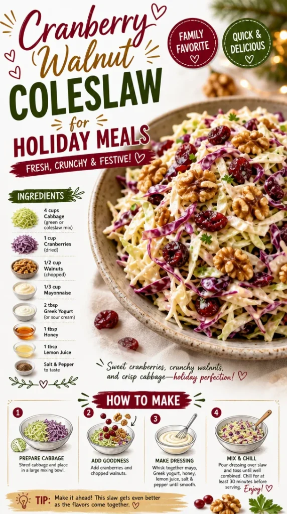 Cranberry Walnut Coleslaw served in a festive bowl for holiday meals