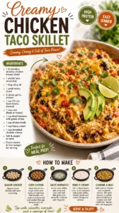 Creamy chicken taco skillet featuring seasoned chicken, cheese, and tortillas.