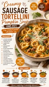 Creamy sausage tortellini pumpkin soup in a bowl with fresh herbs