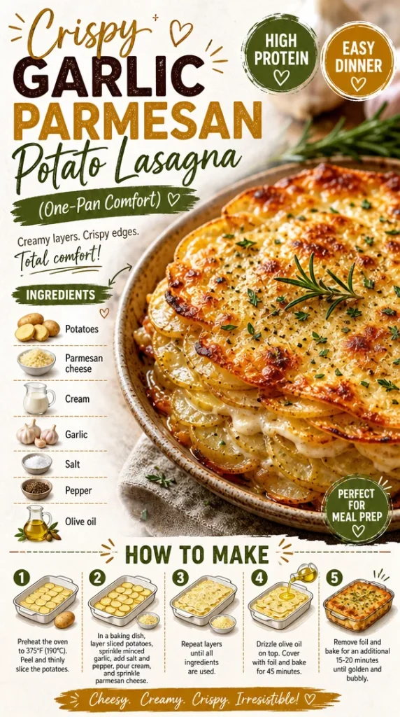 Crispy garlic parmesan potato lasagna served in a skillet, perfect comfort food.