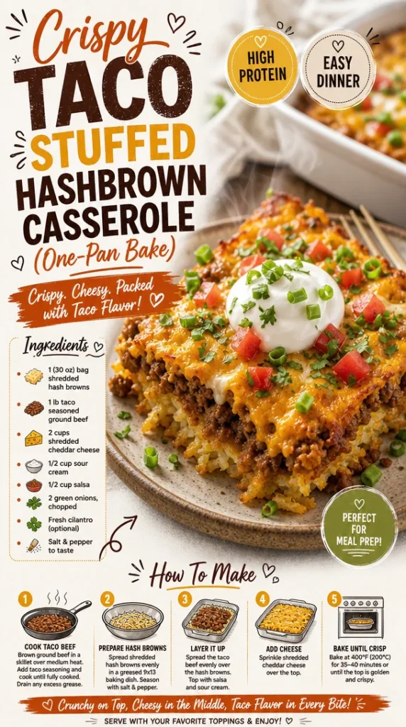 Crispy taco stuffed hashbrown casserole baked in a one-pan dish